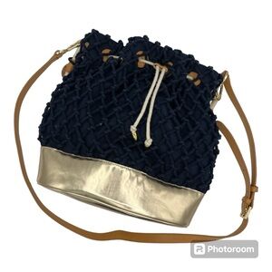 Tory Burch Navy and Gold Woven Crossbody Bag